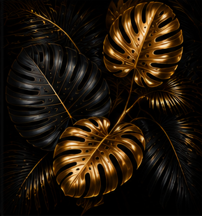 Tablou decorativ Frunze Tropicale de Aur, frunze monstera negre si aurii