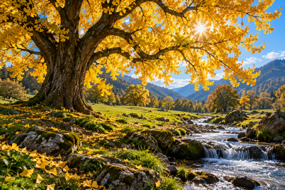 Tablou decorativ - Ginkgo Auriu deasupra Paraului