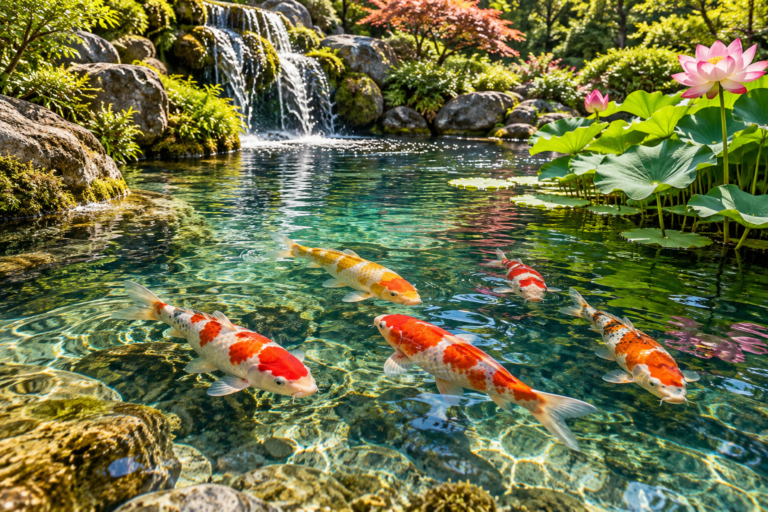 Tablou decorativ - Iazul Koi cu Cascada