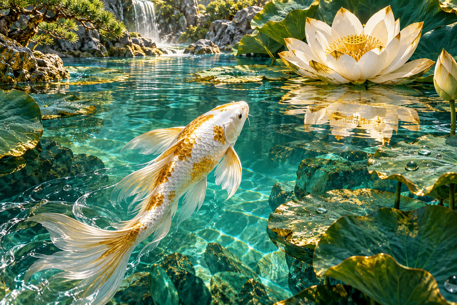 Tablou decorativ - Koi Alb sub Lotus