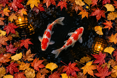 Tablou decorativ - Koi in Cercul de Frunze de Toamna