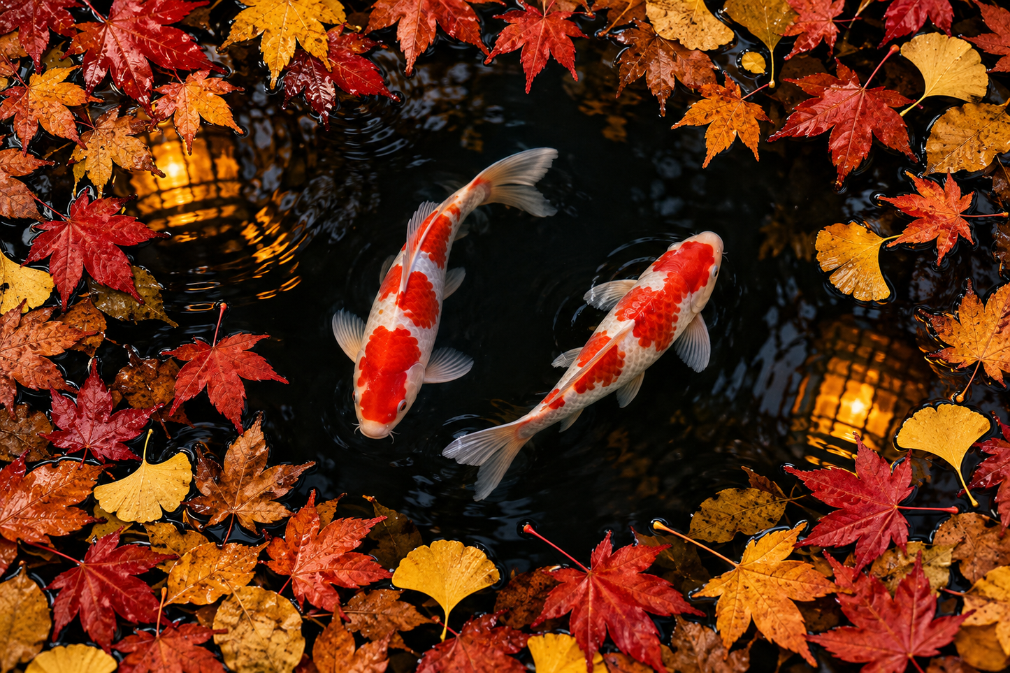 Tablou decorativ - Koi in Cercul de Frunze de Toamna