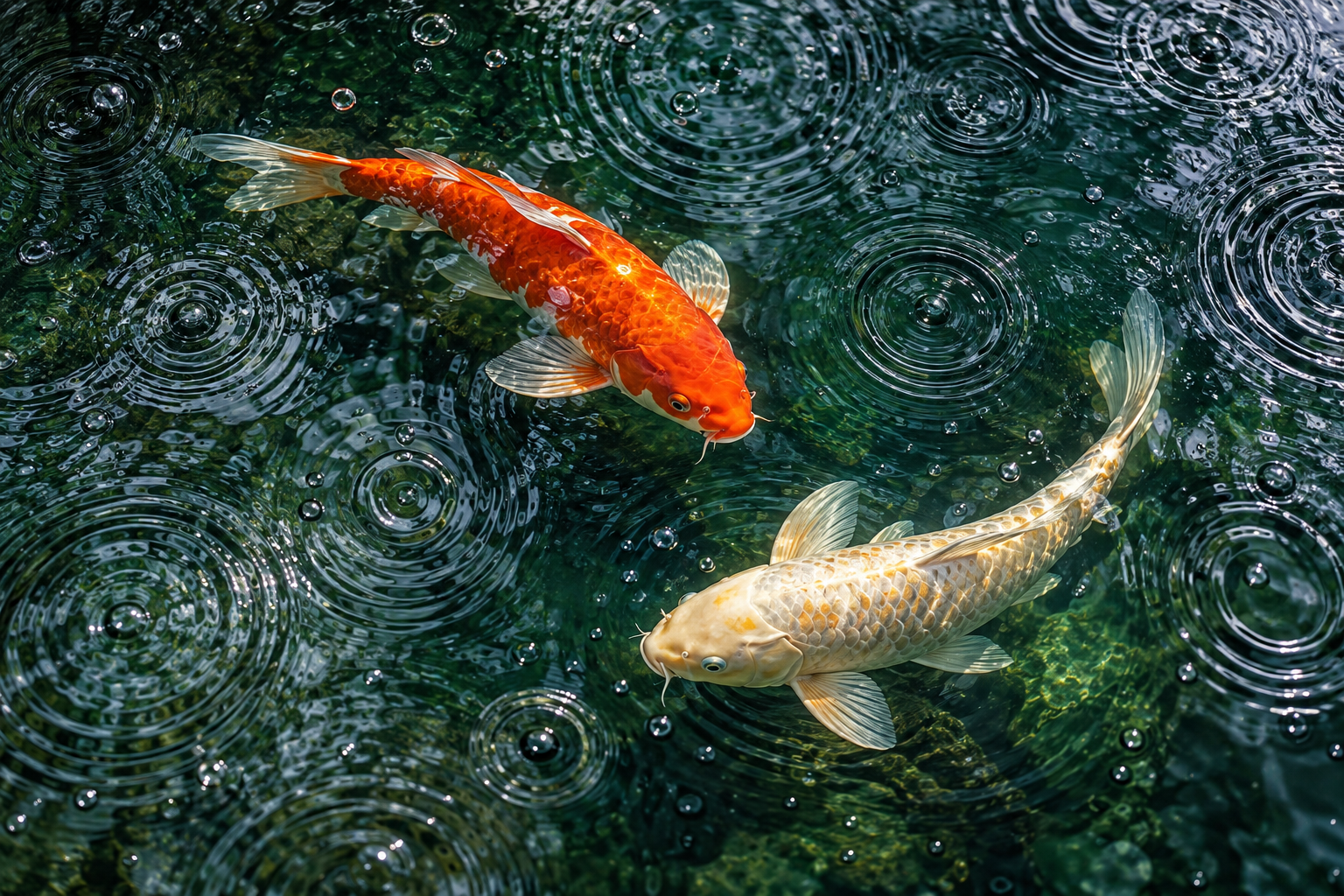 Tablou decorativ - Koi Portocaliu si Crem in Ploaie