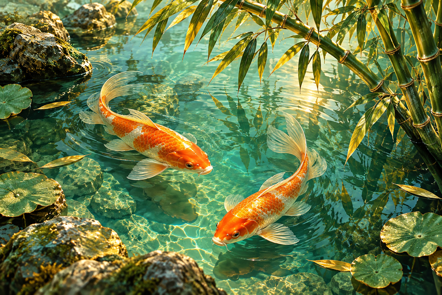 Tablou decorativ - Koi sub Bambusi