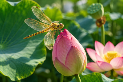 Tablou decorativ - Libelula Aurie pe Bobocul de Lotus