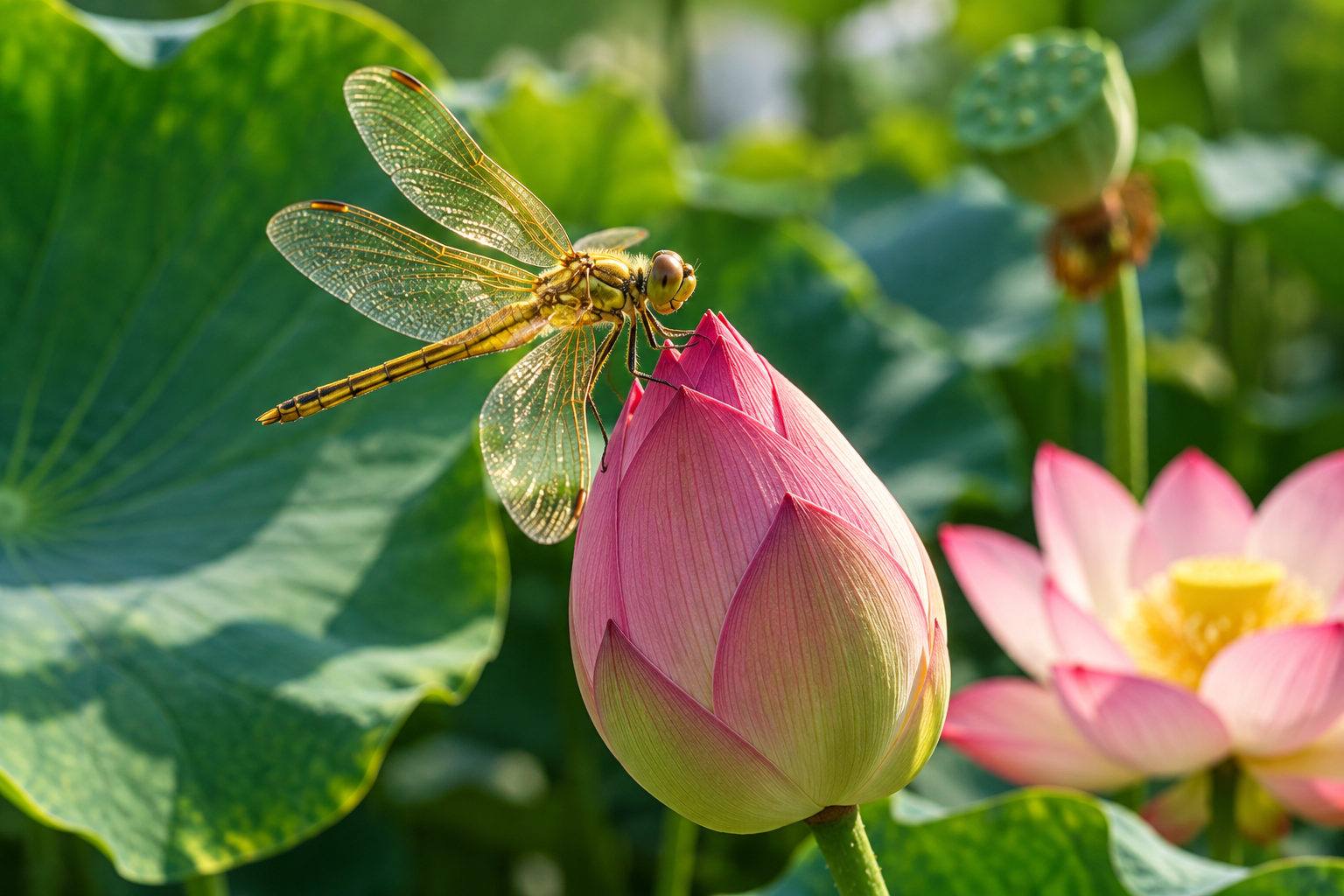 Tablou decorativ - Libelula Aurie pe Bobocul de Lotus