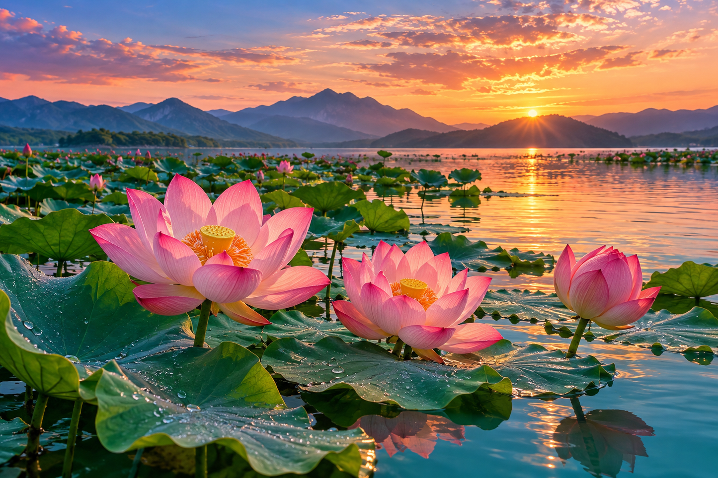Tablou decorativ - Lotusii Roz si Soarele de pe Lac