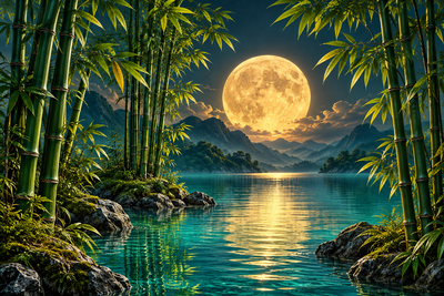 Tablou decorativ - Luna Plina intre Bambusi