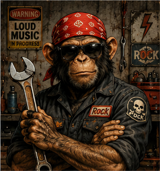 Tablou decorativ Mecanicul Rock, maimuta mecanic cu bandana rosie