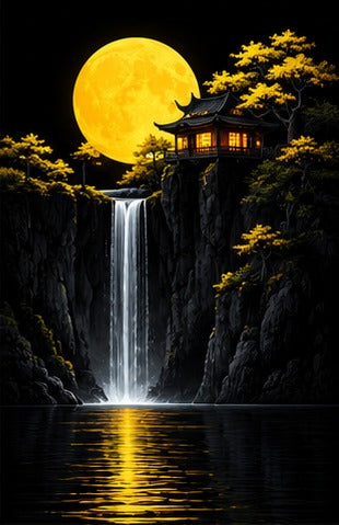 Tablou decorativ - Pagoda cu cascada sub luna aurie