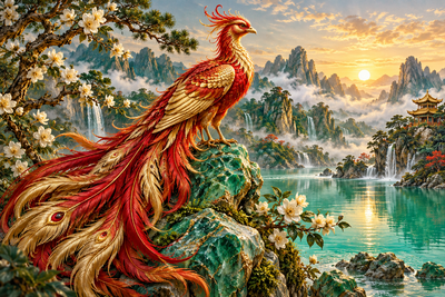 Tablou decorativ - Phoenixul Rosu pe Stanca