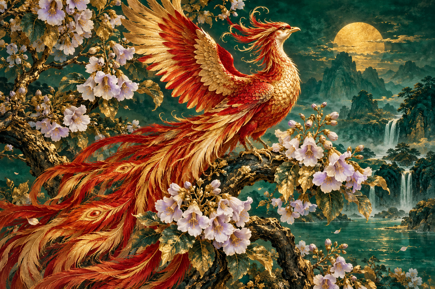 Tablou decorativ - Phoenixul Rosu si Luna de Aur