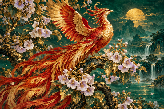 Tablou decorativ - Phoenixul Rosu si Luna de Aur
