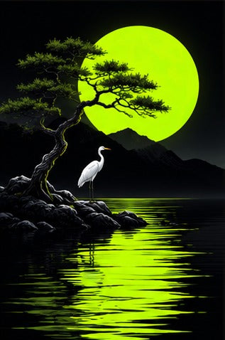 Tablou decorativ - Pin si egreta sub luna verde