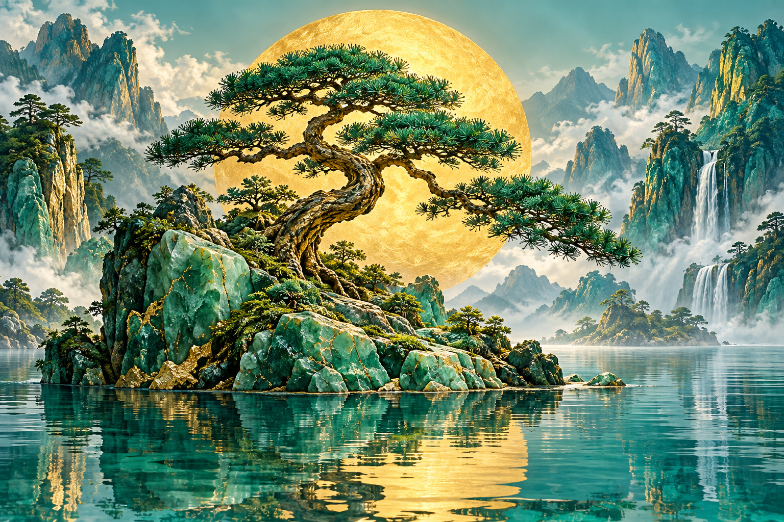 Tablou decorativ - Pinul Bonsai si Soarele de Aur