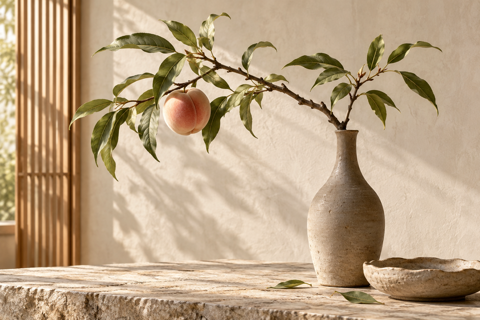 Tablou decorativ - Ramura de Piersic in Vas Zvelt