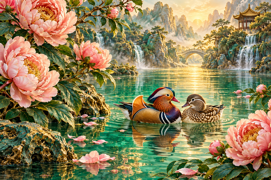 Tablou decorativ - Ratele Mandarin printre Bujori