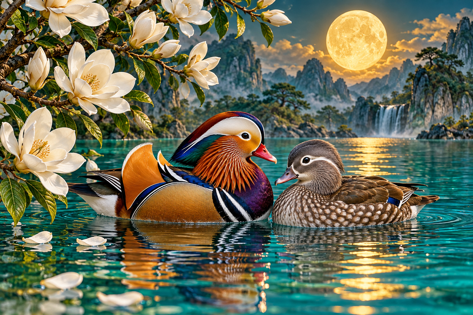Tablou decorativ - Ratele Mandarin sub Luna Plina