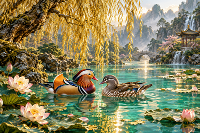 Tablou decorativ - Ratele Mandarin sub Salcie