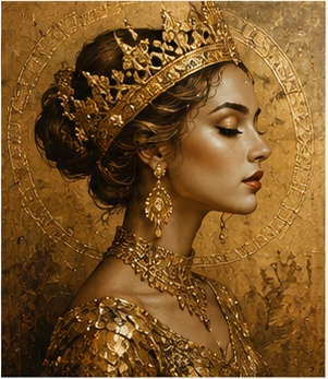 Tablou decorativ Regina in Aur, portret cu coroana pe fundal auriu