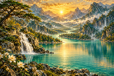 Tablou decorativ - Valea cu Cascada si Lac
