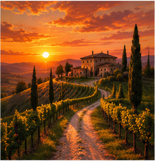 Tablou decorativ Via la Asfintit, podgorie si casa toscana la apus
