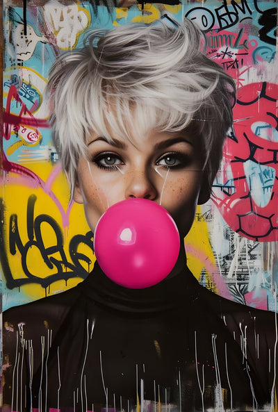 Tablou decorativ - Femeie cu guma roz pe graffiti