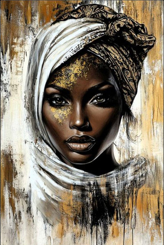 Tablou femeie africană cu turban alb-auriu, pictură
