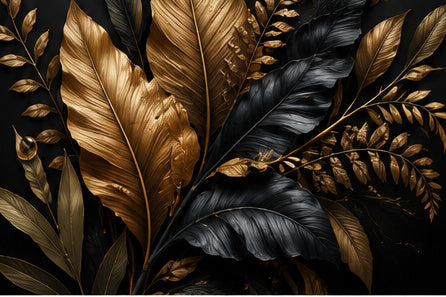 Tablou decorativ cu frunze negre si aurii pe fundal intunecat