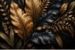 Tablou decorativ cu frunze negre si aurii pe fundal intunecat