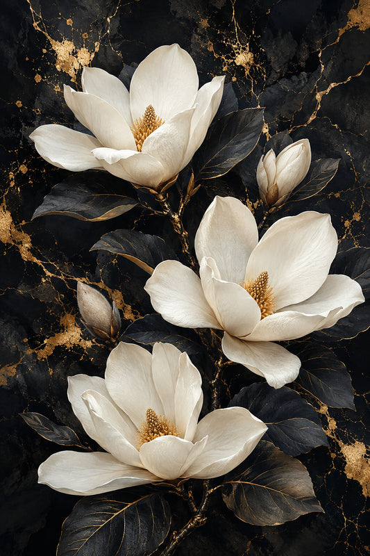 Tablou decorativ cu magnolii albe pe marmura neagra cu aur