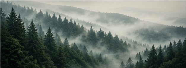 Tablou pădure de brazi în ceață, peisaj nordic minimalist în tonuri reci