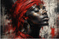 Tablou decorativ cu portret pictat cu turban rosu si vopsea scursa
