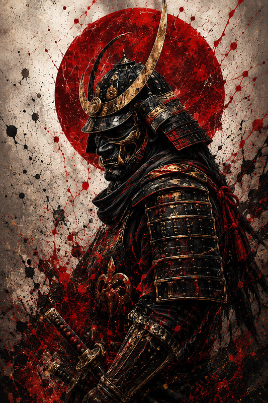 Tablou decorativ cu samurai in armura neagra si soare rosu