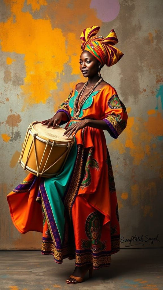 Tablou femeie africană în ținută tradițională colorată cântând la tobă