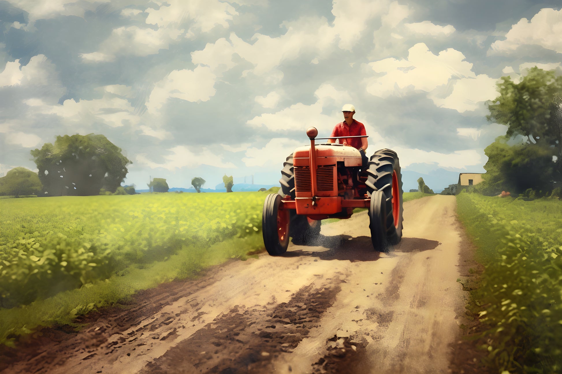 Tablou decorativ tractor vintage pe drum de tara