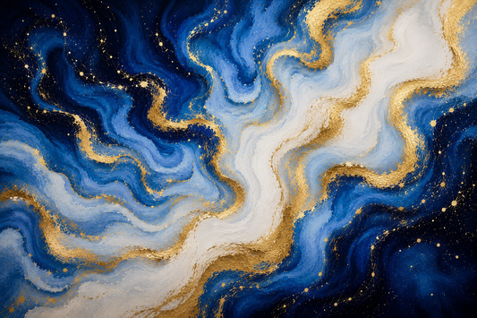 Tablou abstract Valuri cosmice - albastru instelat cu auriu