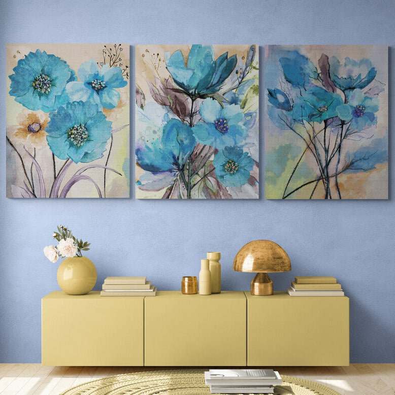 Set 3 Tablouri canvas - Trio Flori albastre - Cameradevis.ro Cameradevis.ro
